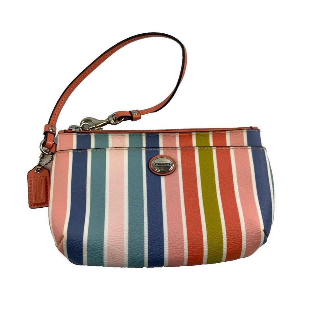 Coach Peyton Multicolored Striped Wristlet Pocket Small Zip F51319 Blue Pink